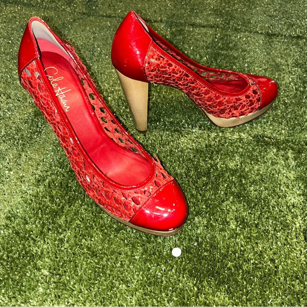Cole Haan Vibrant Red Heels with Wooden Accents